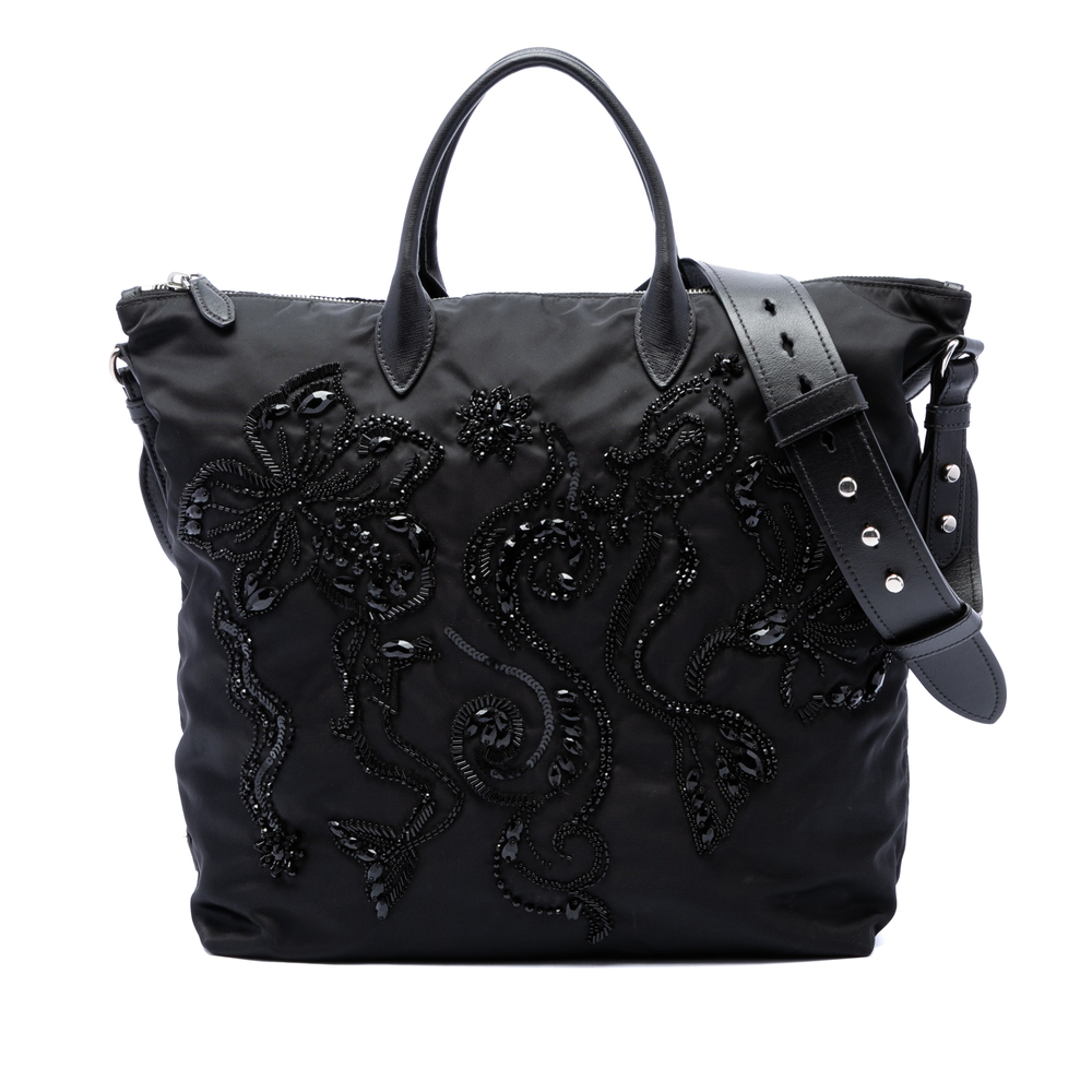 Pre-Loved Prada Beaded Tessuto Floral Applique Convertible Tote